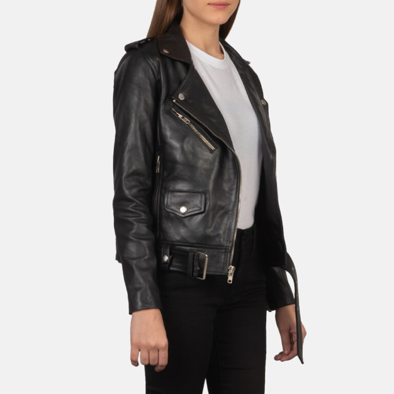 Womens Alison Black Leather Biker Jacket Open Front-4-1659378917272
